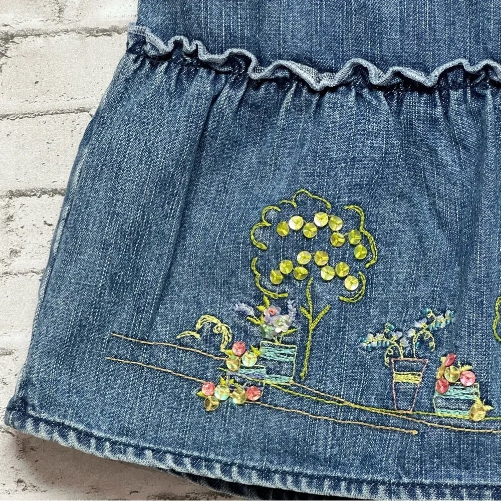 Gymboree Girls Size 5 Denim Skirt Ruffles Embroidered Side Zip